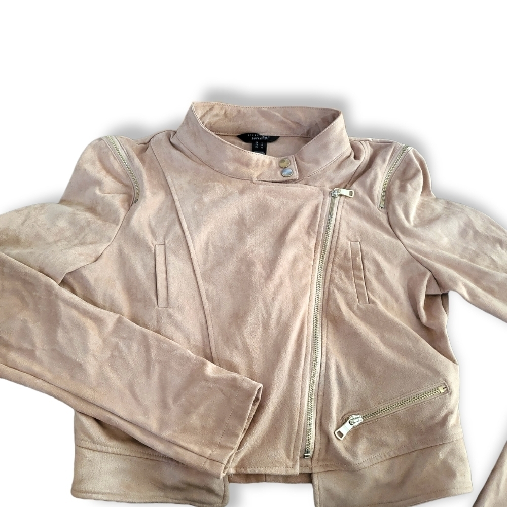 Faux Suede Moto Jacket Cropped Moto Jacket with Zipper Details Size Large